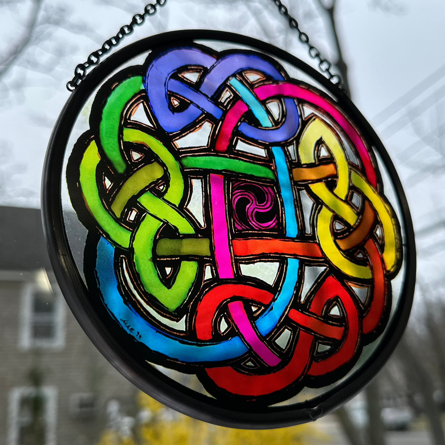 Celtic Eternal Knot Hand-Painted Stained Glass Panel