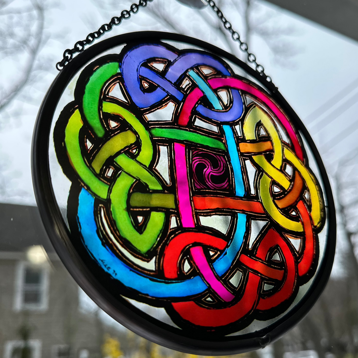 Celtic Eternal Knot Hand-Painted Stained Glass Panel