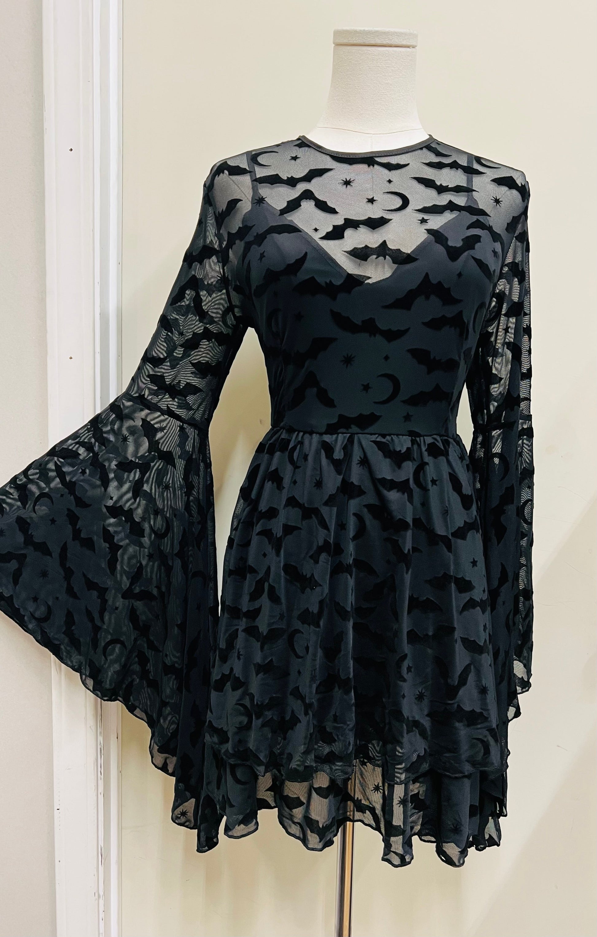 Dracuella - Velvet Bats Flocked Mini Dress with Witchy Bell Sleeves - Ready to Ship Medium Dracuella - Velvet Bats Flocked Mini Dress with Witchy Bell Sleeves - Ready to Ship Medium