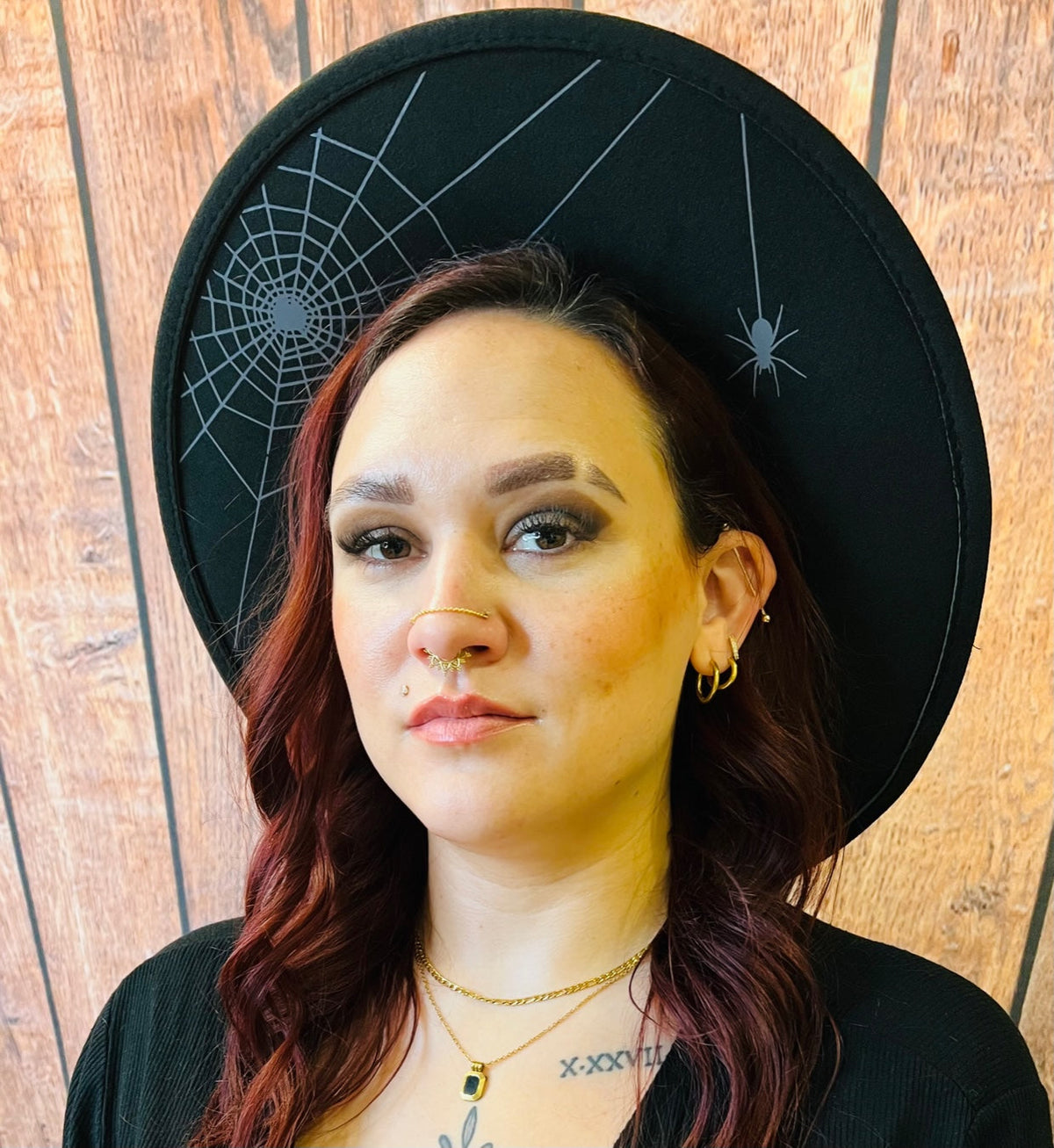 Vegan Felt Hat - XL Brim - Hanging Spider Web - Black/Charcoal -  - 