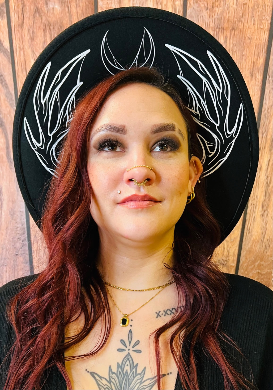 Vegan Felt Wide Brim Hat - XL Brim - "Webbed Antlers" -  - 