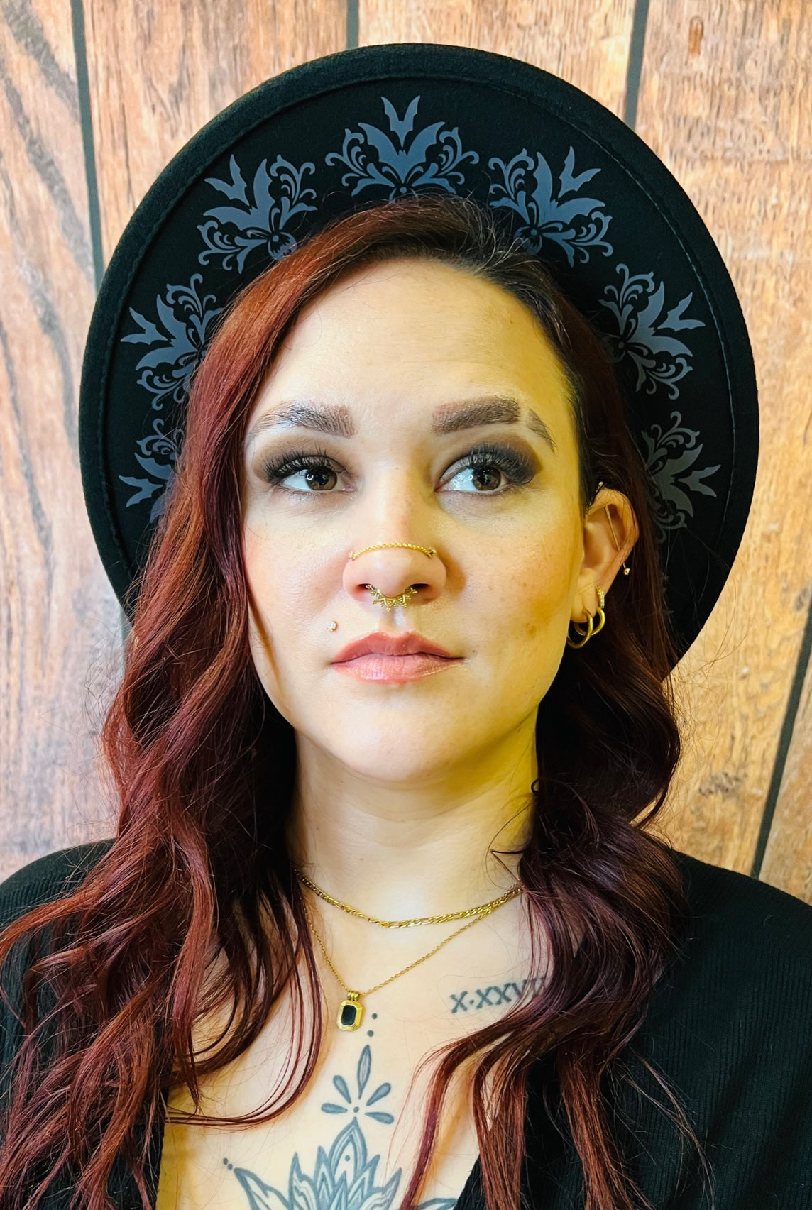 Vegan Felt Wide Brim Hat - Bat Damask - Black/Charcoal -  - 