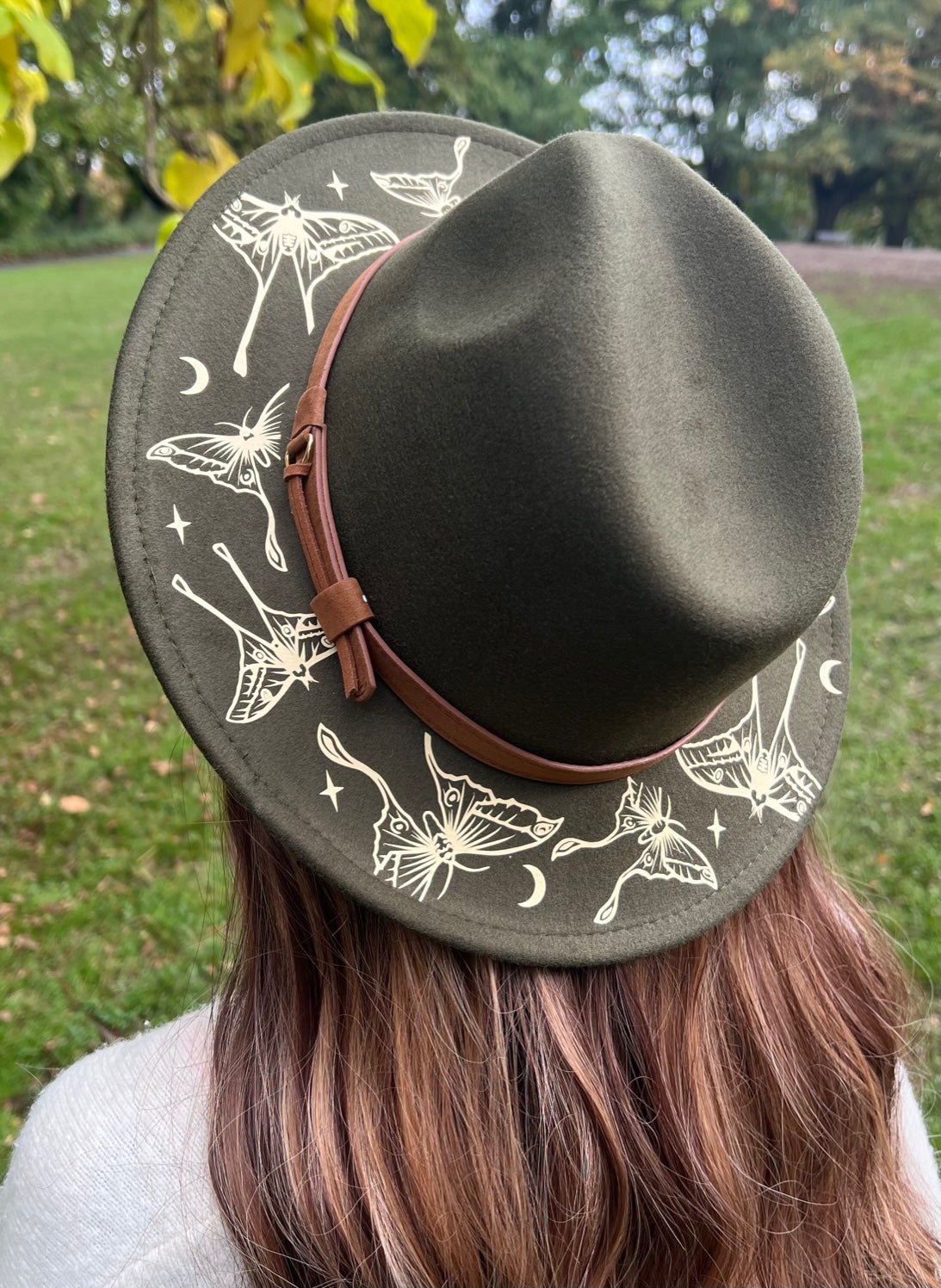 Fox & Fable - Vegan Felt Wide Brim Hat - Olive - Luna Moths -  - 