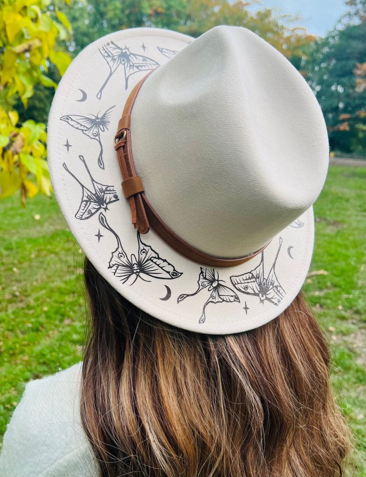 Fox & Fable - Vegan Felt Wide Brim Hat - Cream - Luna Moths -  - 