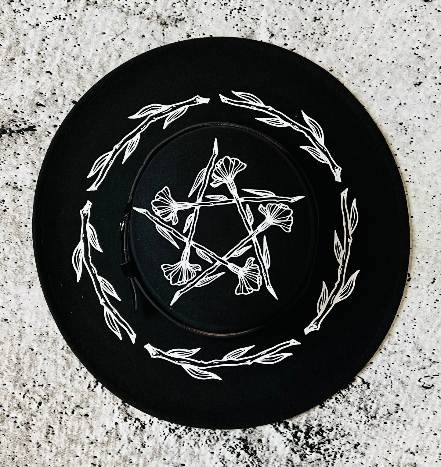 Vegan Felt Wide Brim Hat - Flat Top XL Brim - "Floral Pentacle" -  - 