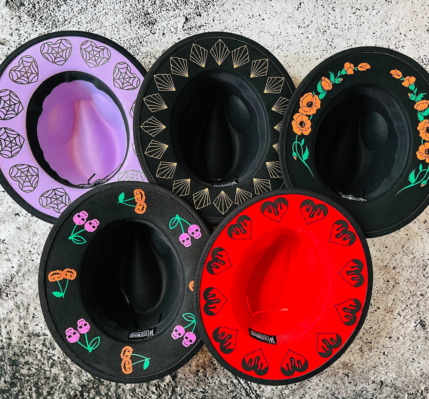 Vegan Felt Wide Brim Hat - "Red Flaming Hearts" -  - 