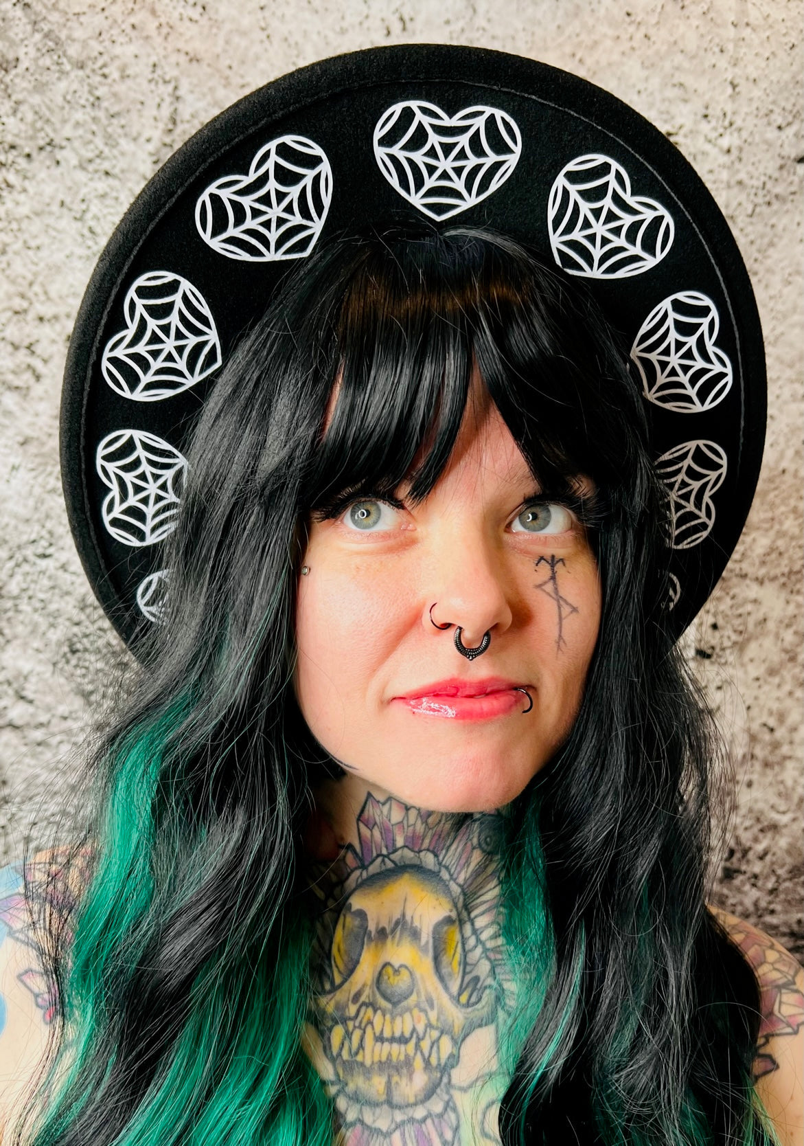 Vegan Felt Wide Brim Hat - "B & W Web Hearts" -  - 