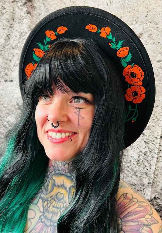 Vegan Felt Wide Brim Hat - "Poppies" -  - 