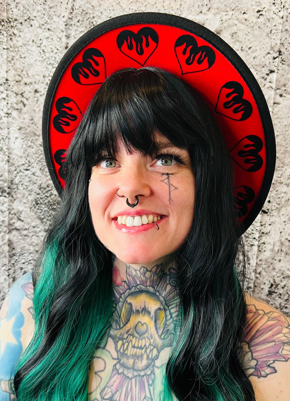 Vegan Felt Wide Brim Hat - "Red Flaming Hearts" -  - 