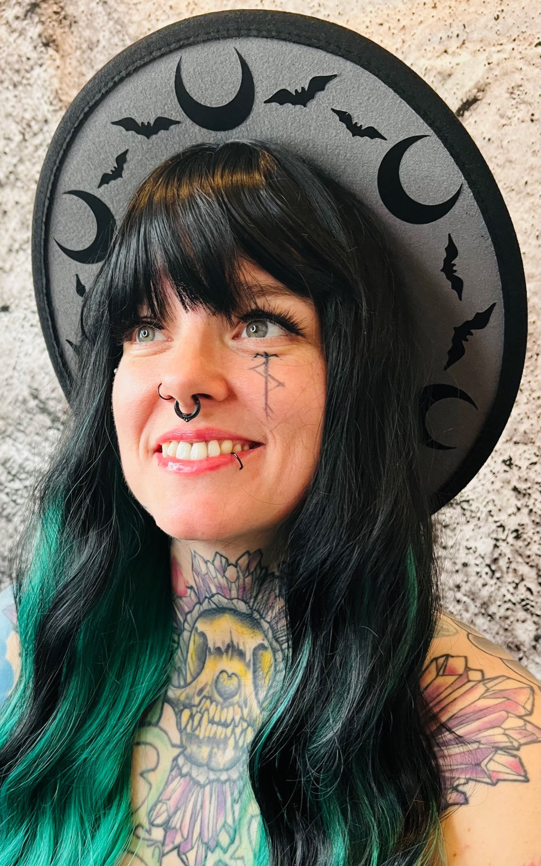 Vegan Felt Wide Brim Hat - "Charcoal Bat Moon" -  - 