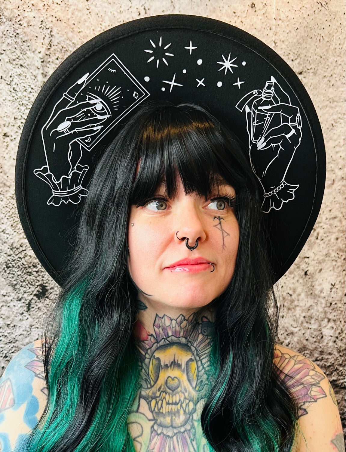 Vegan Felt Wide Brim Hat - XL Brim - "Hands of Tarot" -  - 