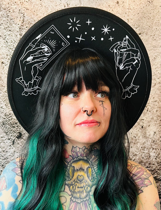 Vegan Felt Wide Brim Hat - XL Brim - "Hands of Tarot" -  - 