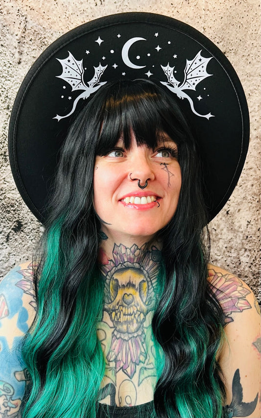 Vegan Felt Wide Brim Hat - XL Brim - "Dragons" -  - 