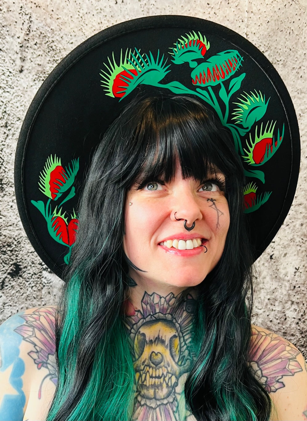 Vegan Felt Wide Brim Hat - XL Brim - "Venus Fly Traps" -  - 
