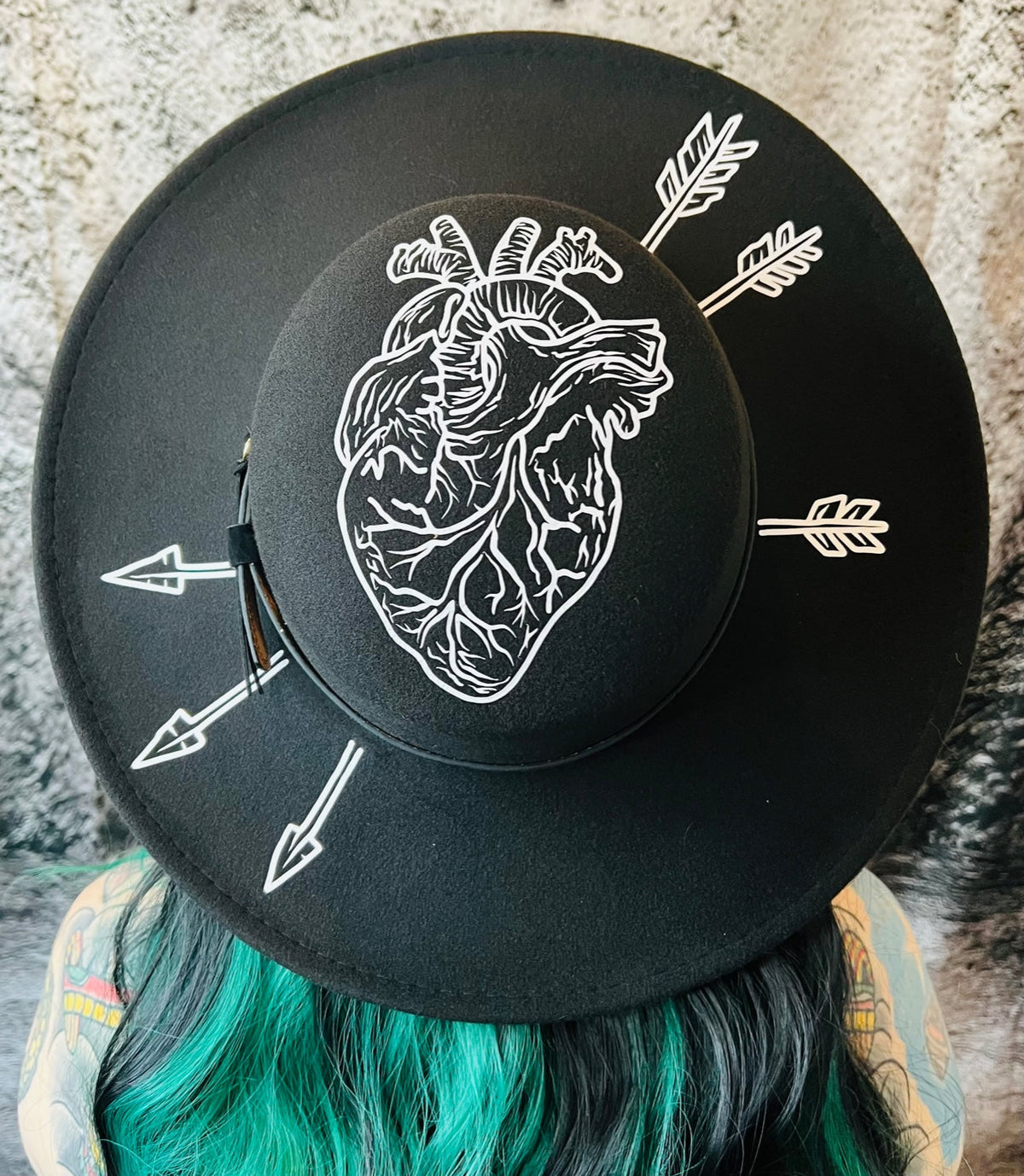 Vegan Felt Wide Brim Hat - Flat Top XL Brim - "Arrows Through Heart" -  - 