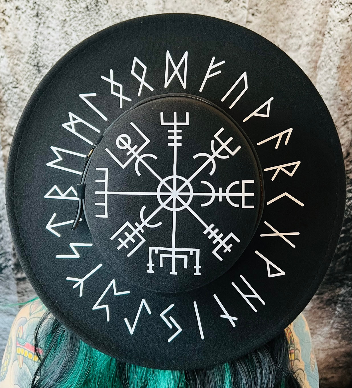 Vegan Felt Wide Brim Hat - Flat Top XL Brim - "Viking Runes" -  - 