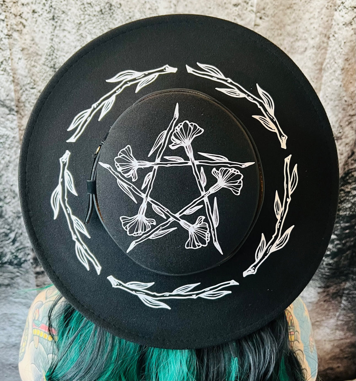 Vegan Felt Wide Brim Hat - Flat Top XL Brim - "Floral Pentacle" -  - 