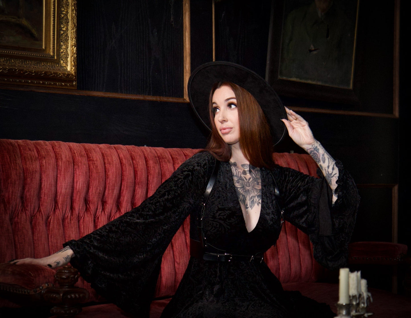 Nyx - Bell Sleeved Velvet Damask Dress with Harness - READY TO SHIP! -  - 