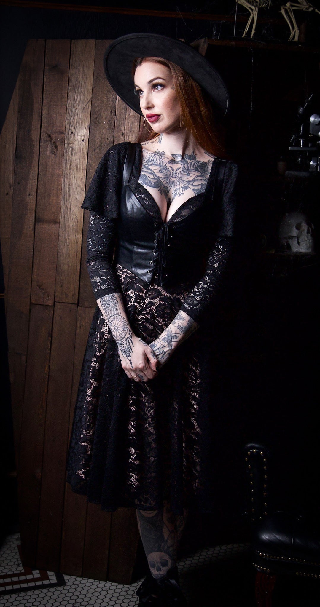 Tempest - Illusion Lace Dress with Vegan Leather Faux Corset -  - 