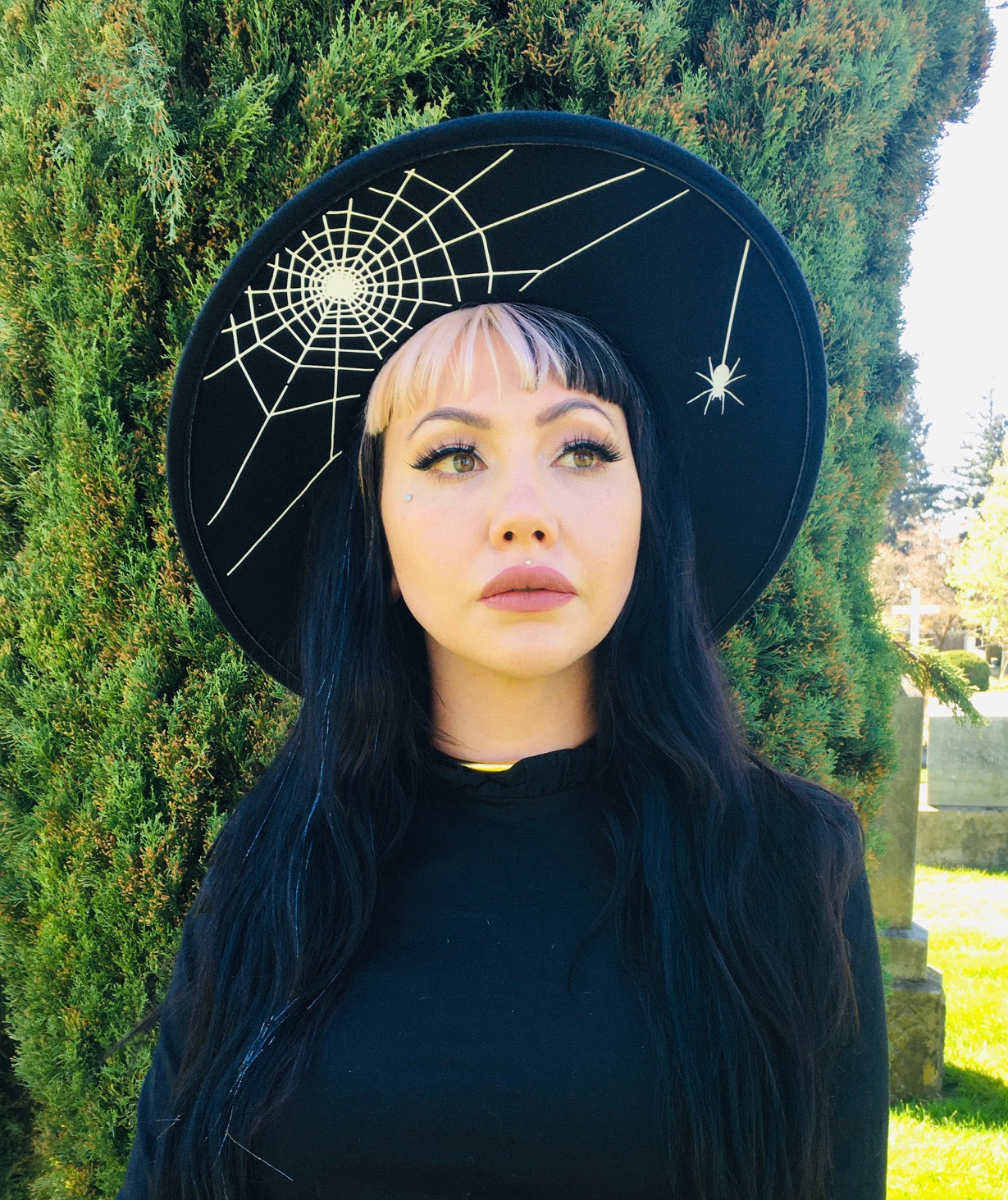 Vegan Felt Hat - XL Brim - Hanging Spider Web -  - 