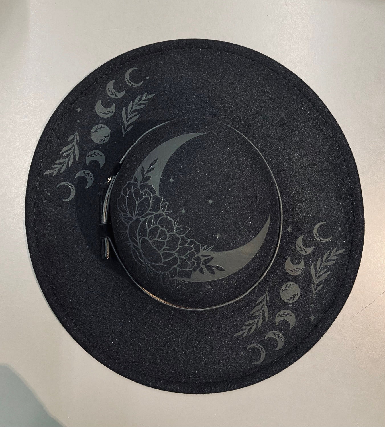 Black-on-Black Floral Moon Vegan Felt Flat Top XL Brim Hat