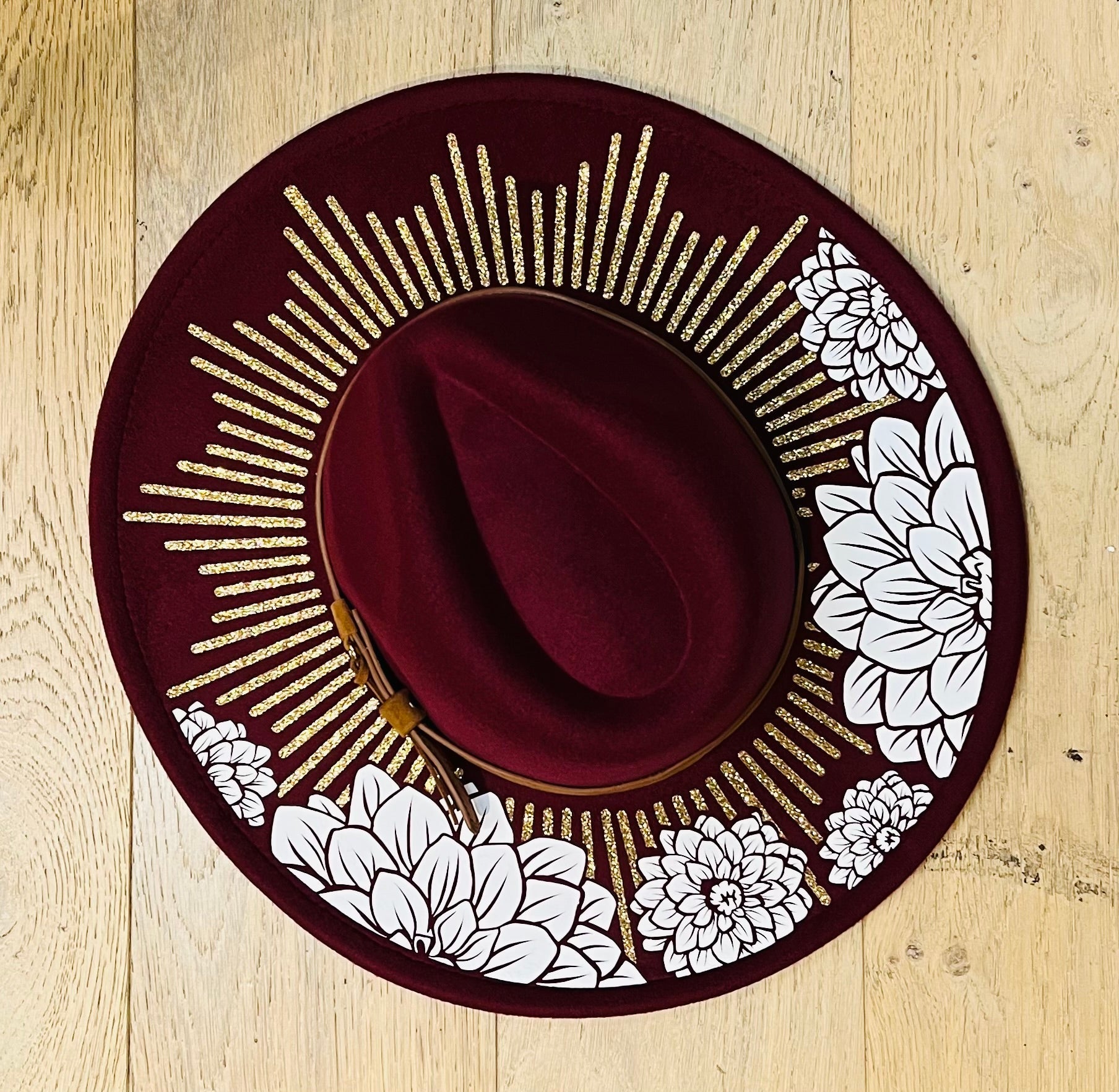 Vegan Felt Wide Brim Hat - XL Brim - Wine Red - Dahlia Burst -  - 