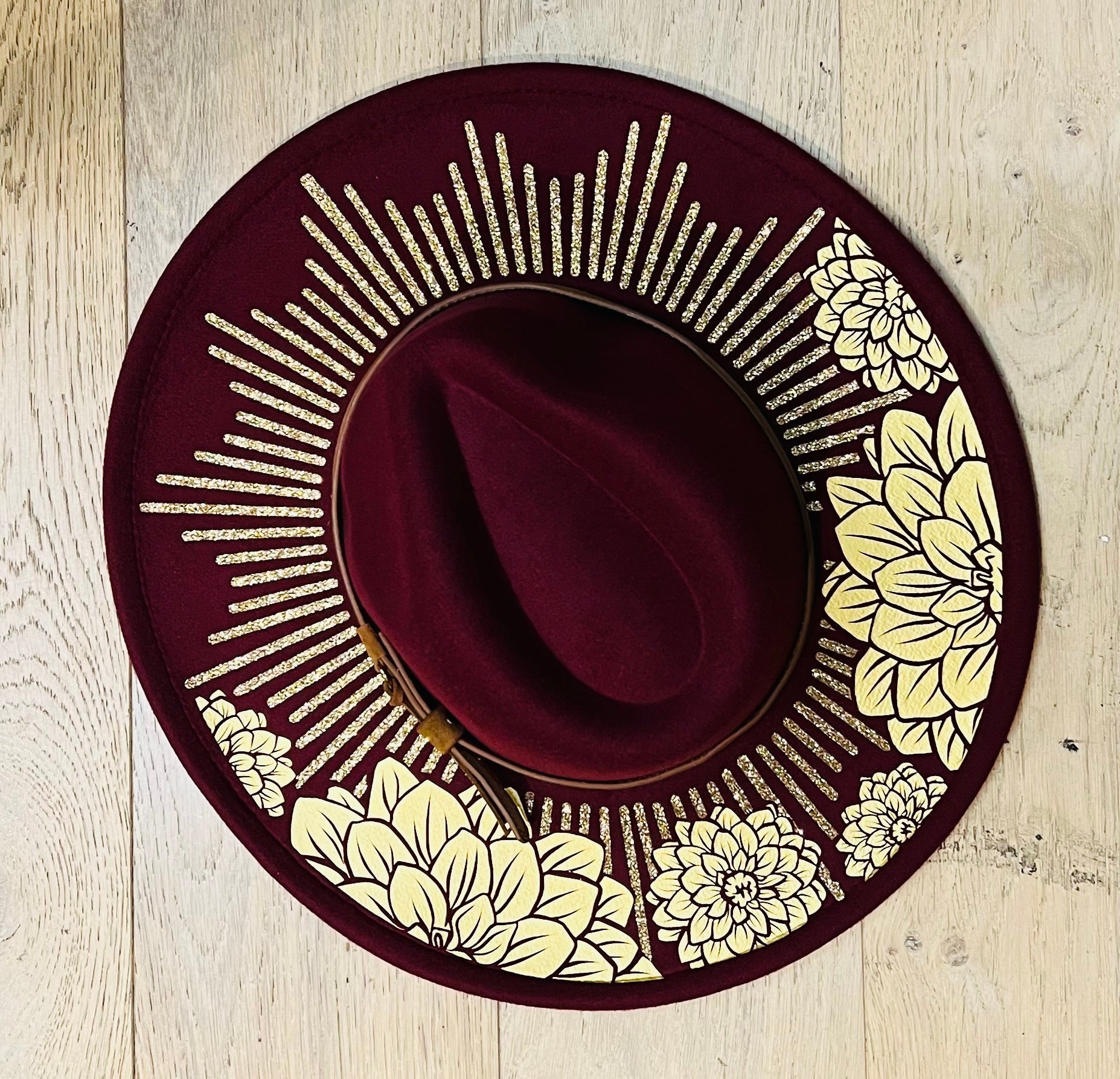 Vegan Felt Wide Brim Hat - XL Brim - Wine Red - Dahlia Burst -  - 