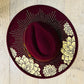 Vegan Felt Wide Brim Hat - XL Brim - Wine Red - Dahlia Burst -  - 