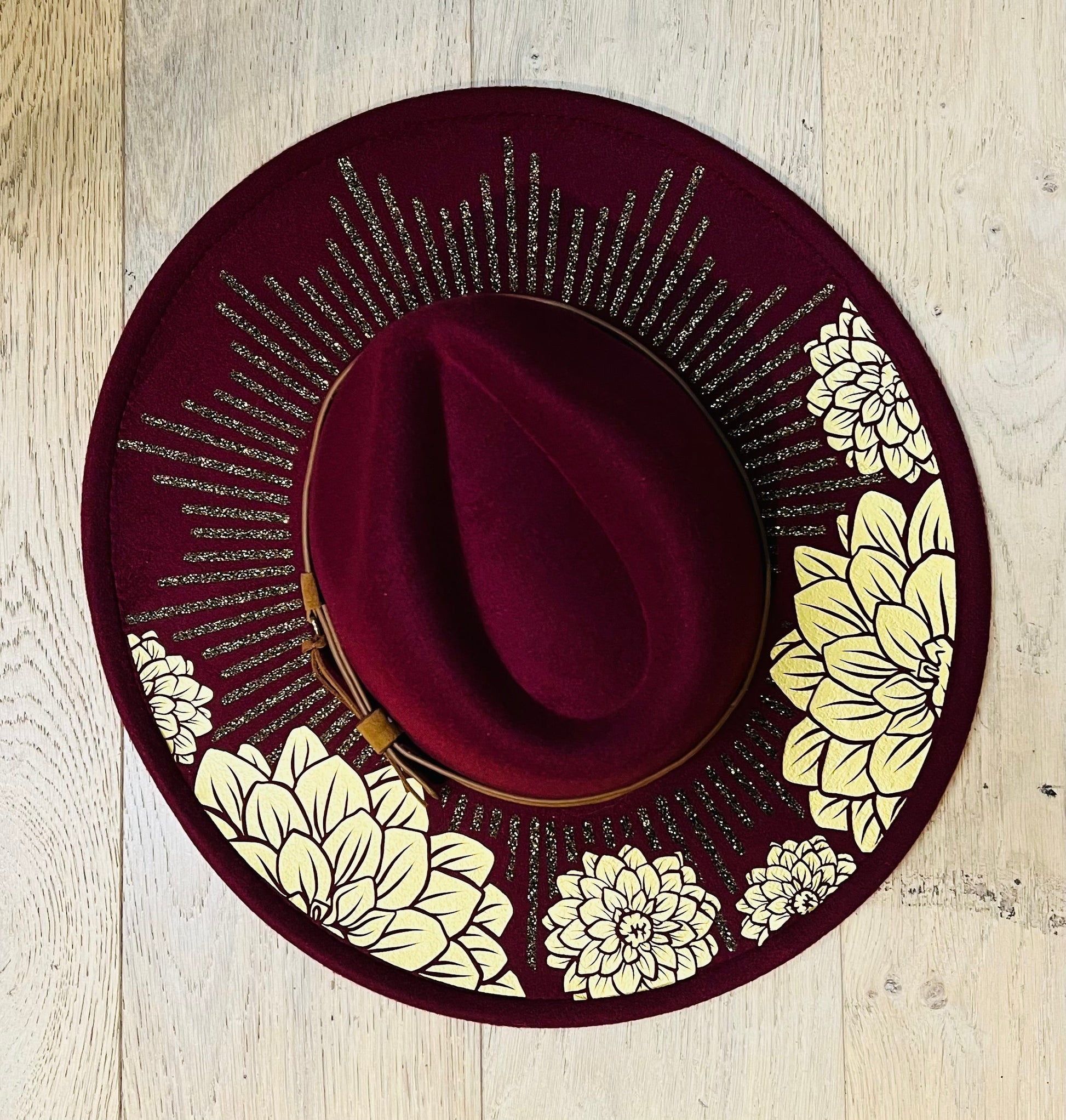 Vegan Felt Wide Brim Hat - XL Brim - Wine Red - Dahlia Burst -  - 