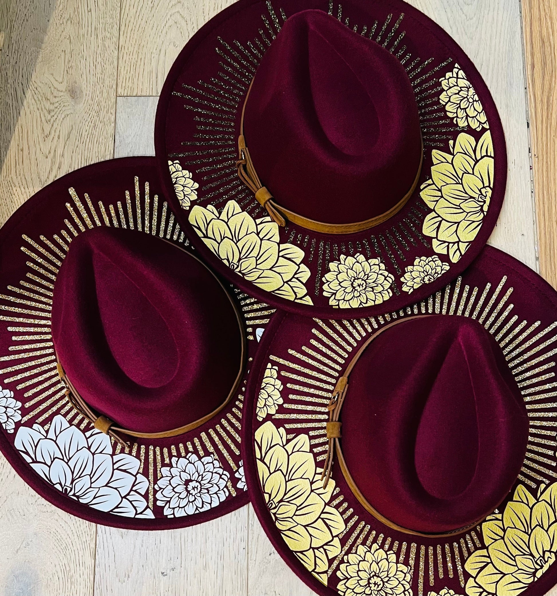 Vegan Felt Wide Brim Hat - XL Brim - Wine Red - Dahlia Burst -  - 