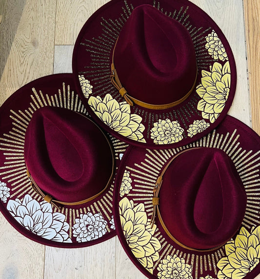 Vegan Felt Wide Brim Hat - XL Brim - Wine Red - Dahlia Burst -  - 