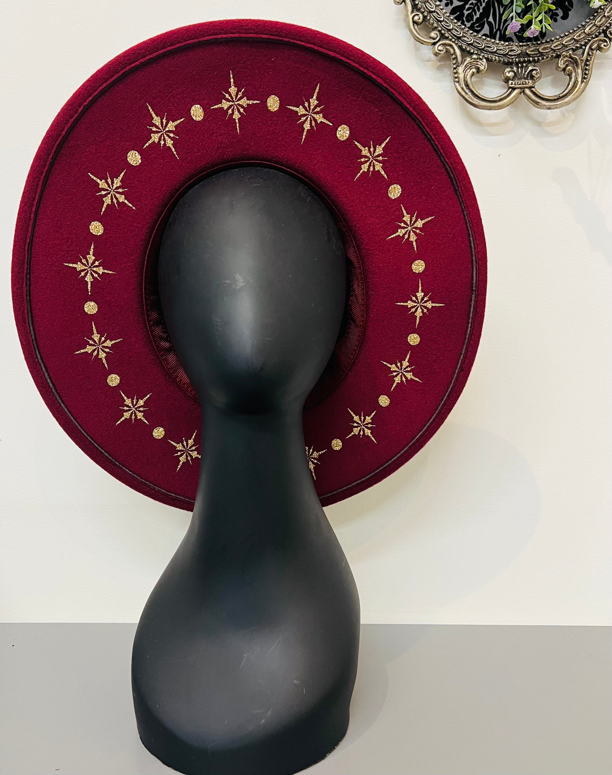 Vegan Felt Wide Brim Hat - XL Brim - Wine Red - Starbust -  - 