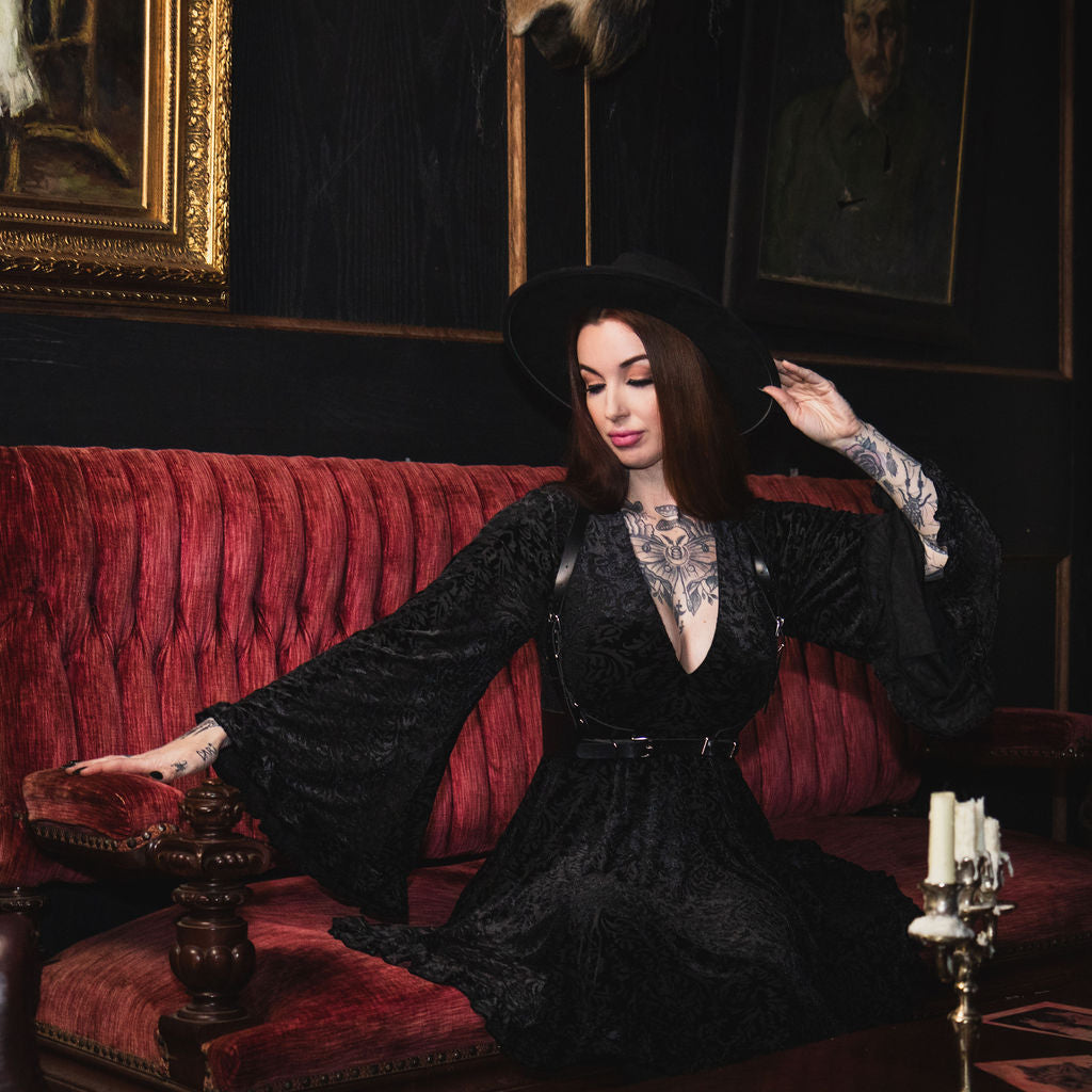 Nyx - Bell Sleeved Velvet Damask Dress with Harness - READY TO SHIP! -  - 