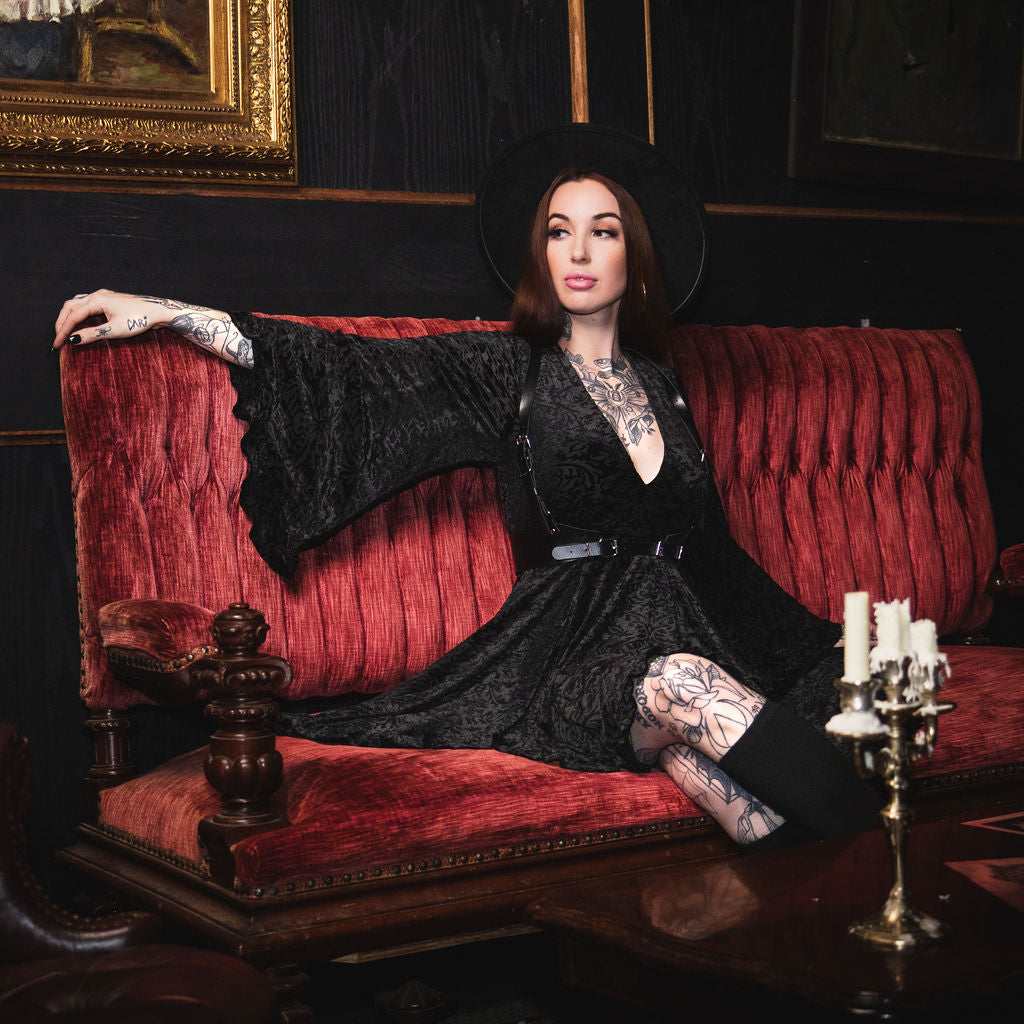 Nyx - Bell Sleeved Velvet Damask Dress with Harness - READY TO SHIP! -  - 