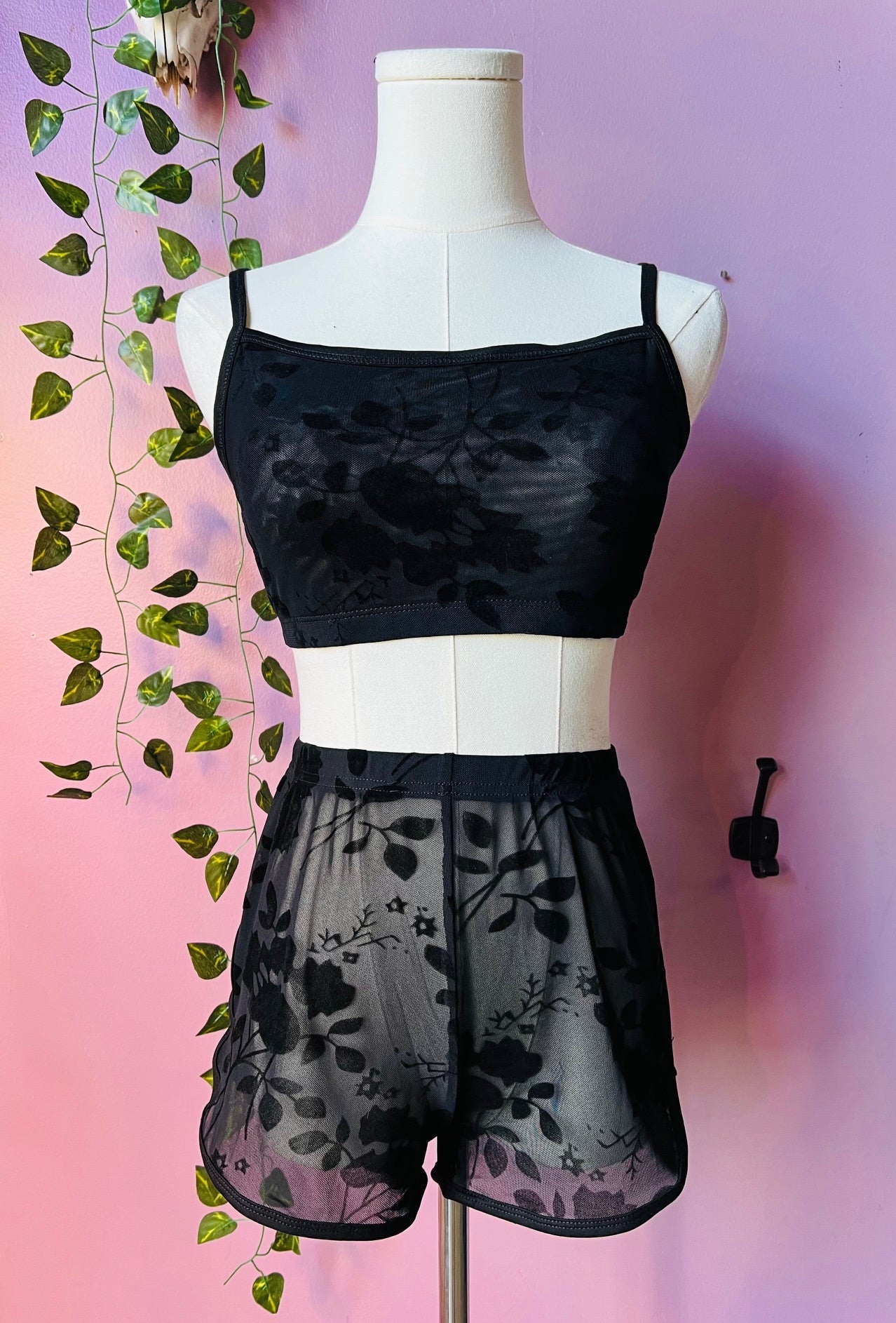 The Sinister Set - GOTHIC FLORAL - Sheer Velvet Flocked Floral Bra & Shorts Set - PRE-ORDER -  - 