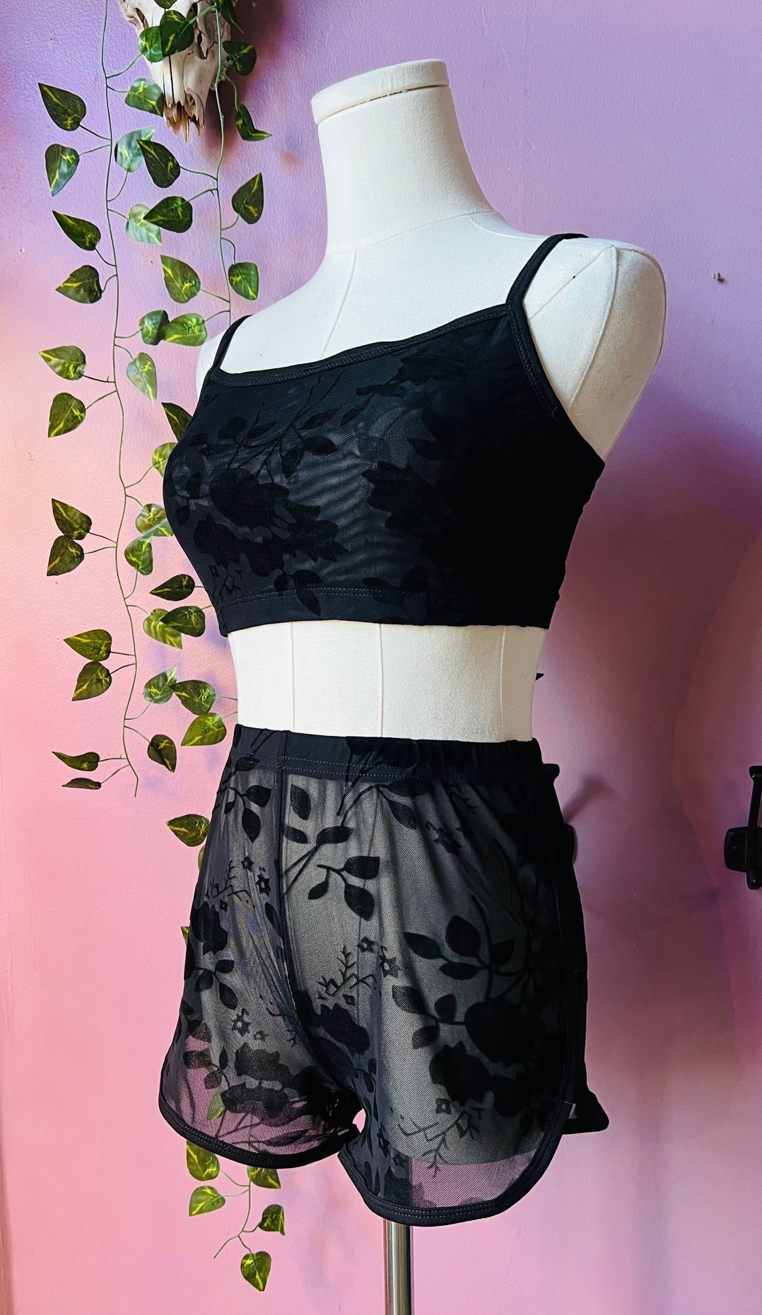 The Sinister Set - GOTHIC FLORAL - Sheer Velvet Flocked Floral Bra & Shorts Set - PRE-ORDER -  - 