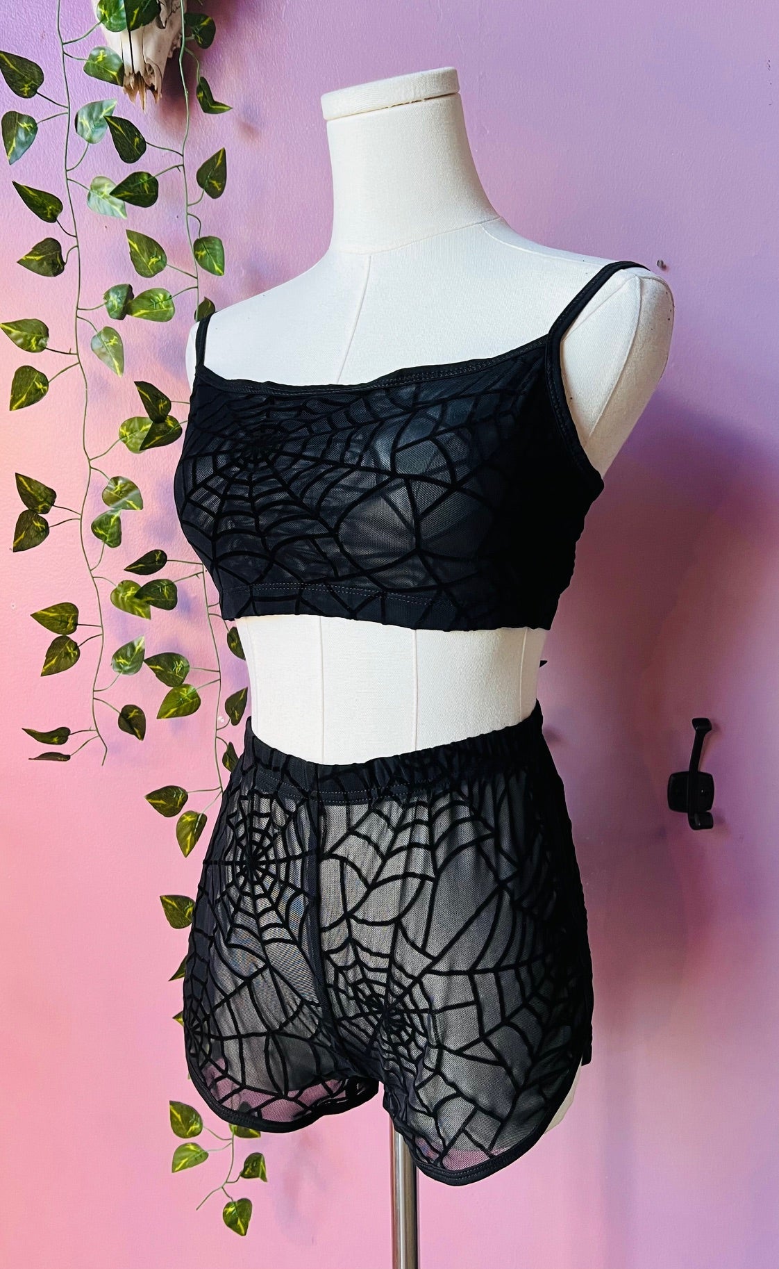 The Sinister Set - WEBS - Sheer Velvet Flocked Spider Web Bra & Shorts Set - READY To SHIP -  - 