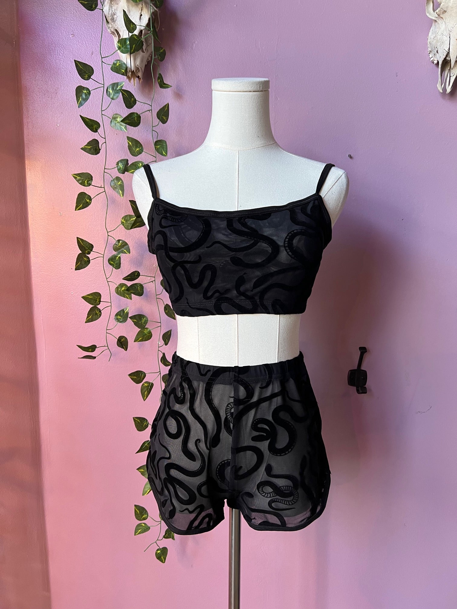 The Sinister Set - SNAKES - Sheer Velvet Flocked Snakes Bra & Shorts Set - READY To SHIP -  - 