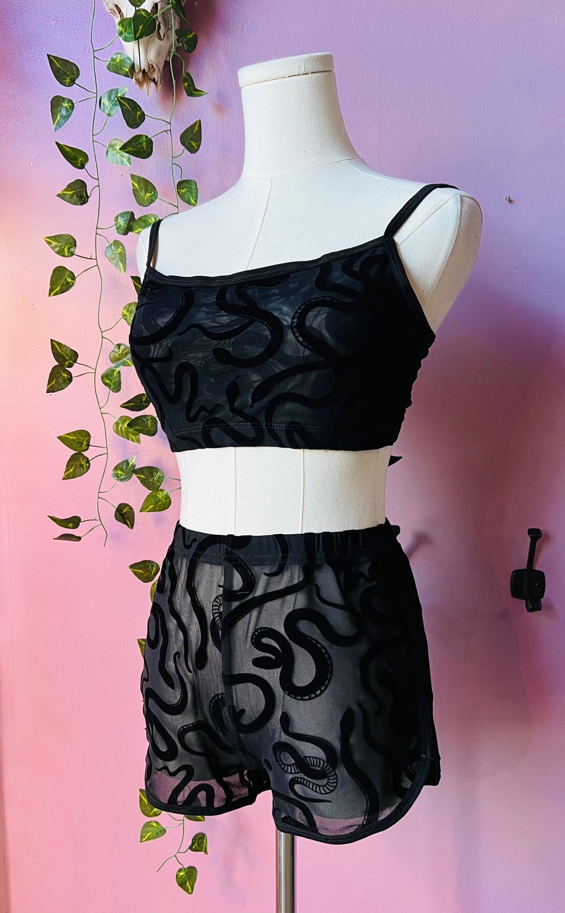 The Sinister Set - SNAKES - Sheer Velvet Flocked Snakes Bra & Shorts Set - READY To SHIP -  - 