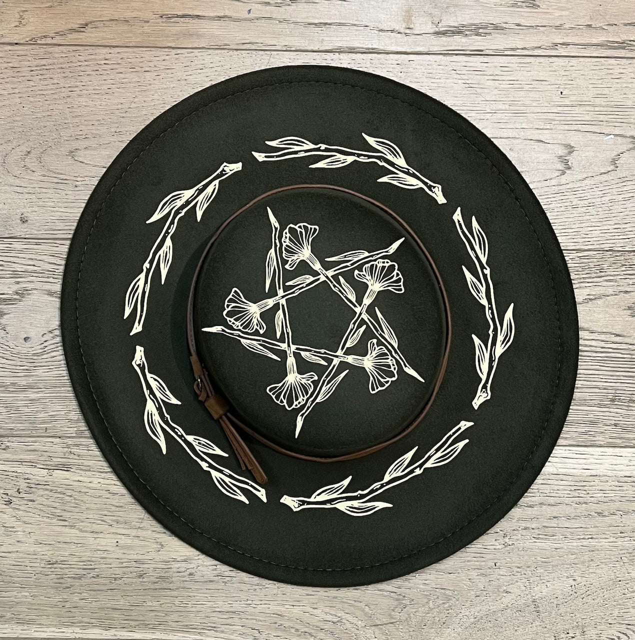 Vegan Felt Wide Brim Hat - Flat Top - Olive - Floral Pentacle -  - 