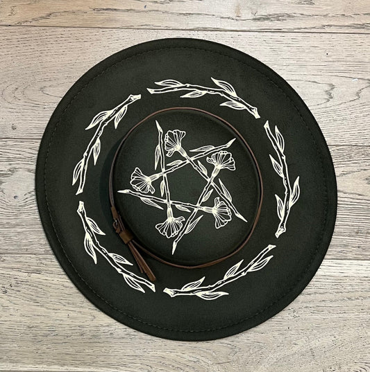 Vegan Felt Wide Brim Hat - Flat Top - Olive - Floral Pentacle -  - 