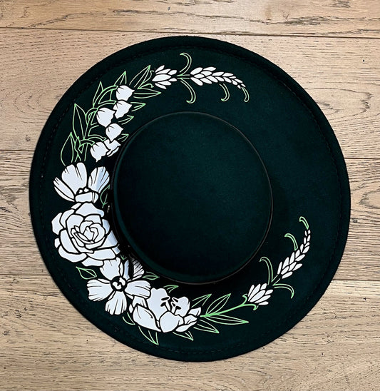 Vegan Felt Wide Brim Hat - Flat Top - Emerald - Floral Crescent Moon -  - 
