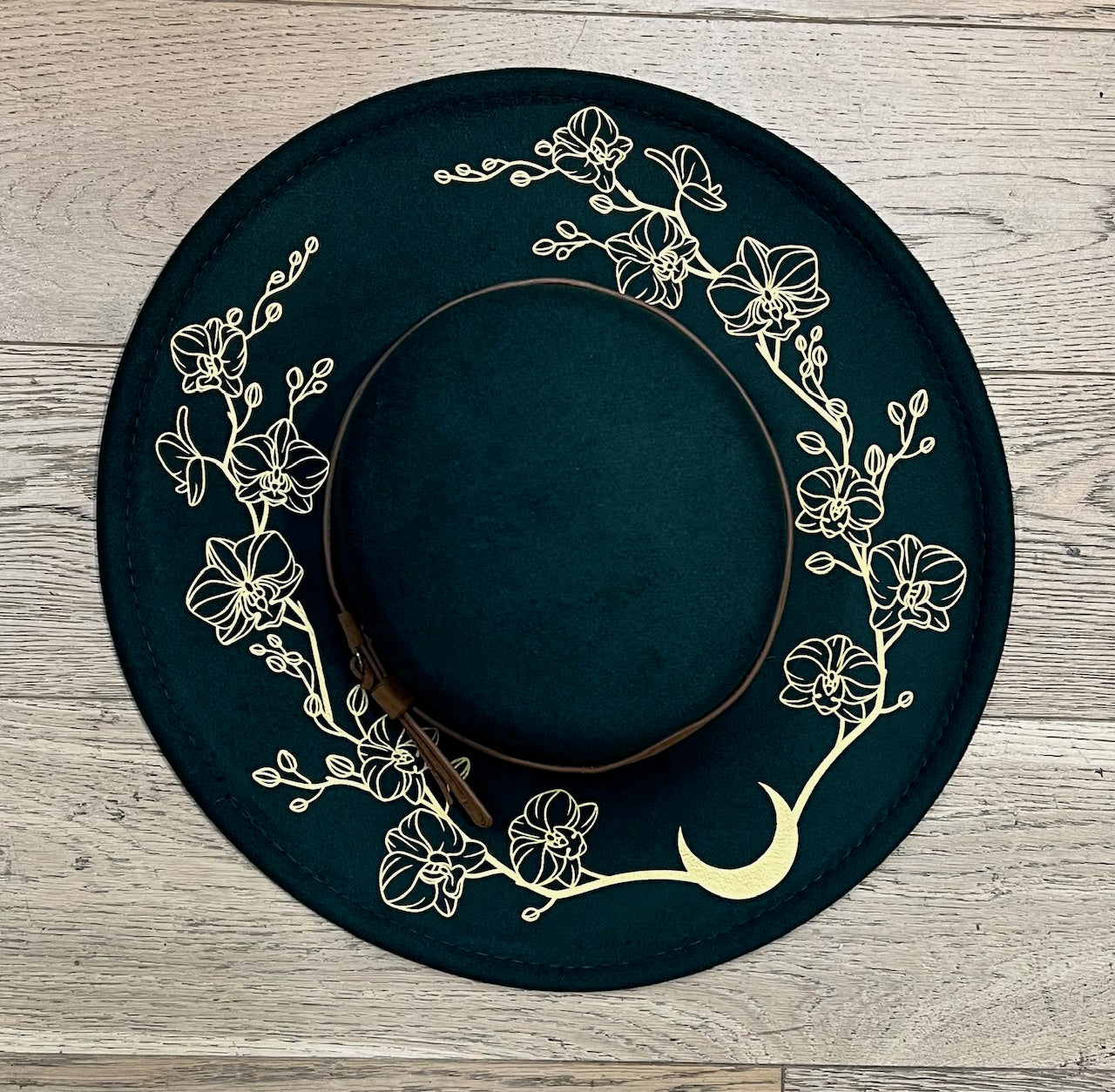 Vegan Felt Wide Brim Hat - Flat Top - Emerald - Orchids Outline -  - 