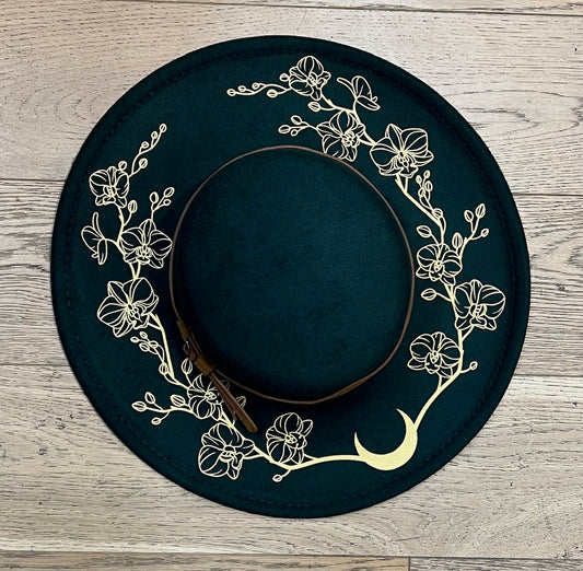 Vegan Felt Wide Brim Hat - Flat Top - Emerald - Orchids Outline -  - 