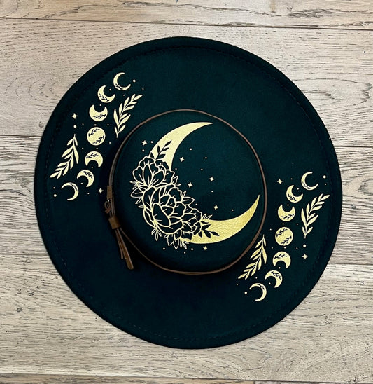 Vegan Felt Wide Brim Hat - Flat Top - Emerald - Floral Moon -  - 