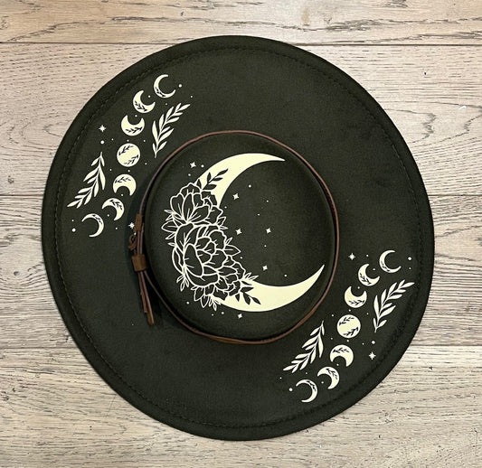 Vegan Felt Wide Brim Hat - Flat Top - Olive - Floral Moon -  - 