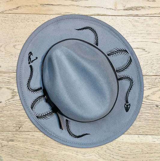 Vegan Felt Wide Brim Hat - Grey - Black Snake Skeleton -  - 