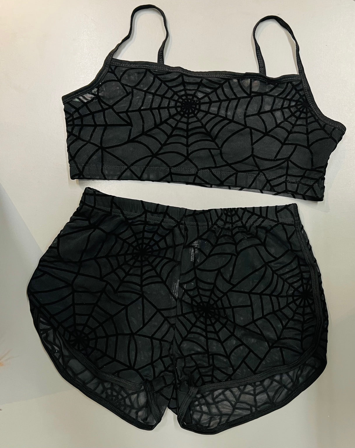 The Sinister Set - WEBS - Sheer Velvet Flocked Spider Web Bra & Shorts Set - READY To SHIP -  - 