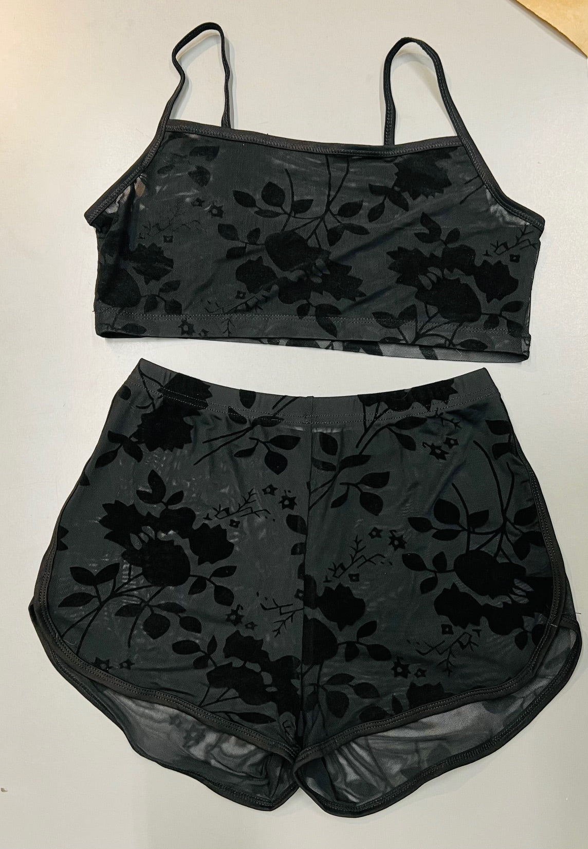 The Sinister Set - GOTHIC FLORAL - Sheer Velvet Flocked Floral Bra & Shorts Set - PRE-ORDER -  - 
