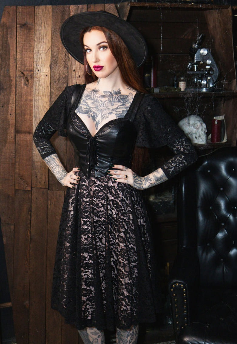 Tempest - Illusion Lace Dress with Vegan Leather Faux Corset -  - 